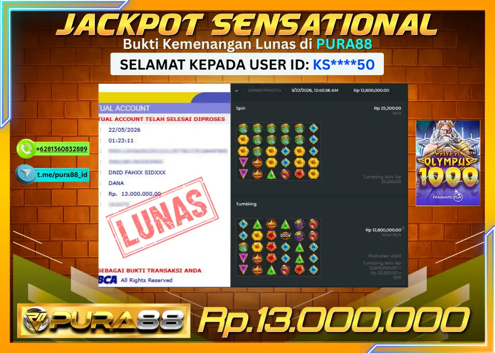 PURA88 JACKPOT GATES OF OLYMPUS 1000 Rp 13.000.000,- LUNAS